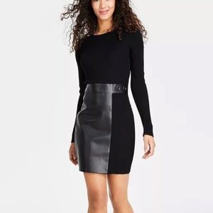 Bodycon Faux-Leather Long-Sleeve Sweater Dress